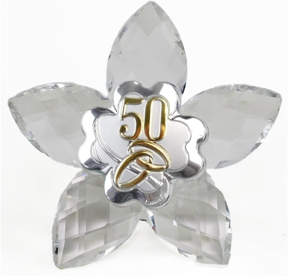 Icona Fiore in Cristallo con Quadrifoglio Coppia Fedi 50 Anniversario Nozze D'oro Cinquantesimo