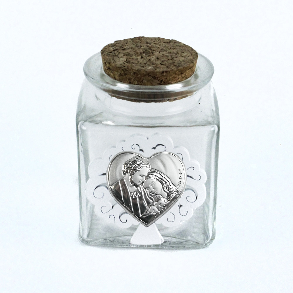 Barattolo in Vetro Quadrato Cuore con Sacra Famiglia Albero della Vita Bianco Nascita Battesimo Segnaposto Portaconfetti