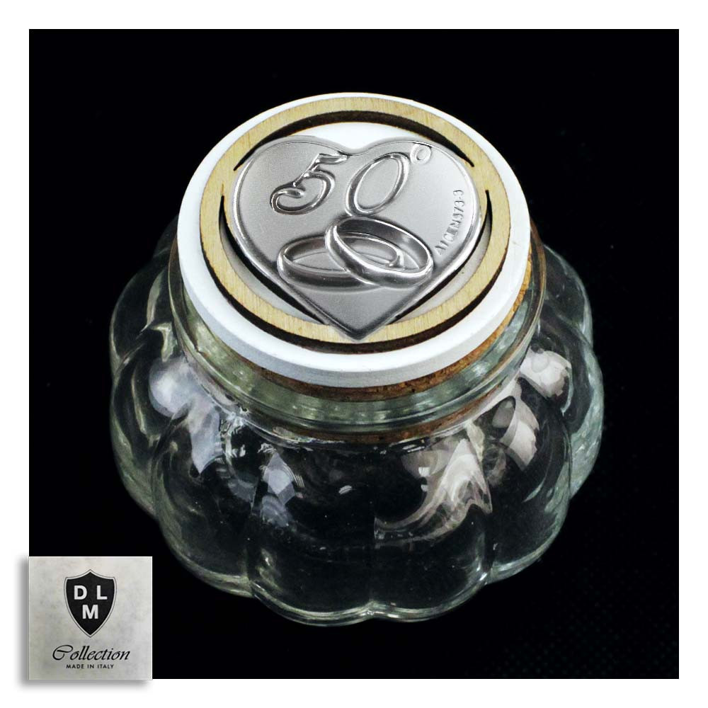 Barattolo in vetro Shabby Chic con Tappo Coppia Fedi 50 Anniversario D'oro Cinquantesimo Portaconfetti 