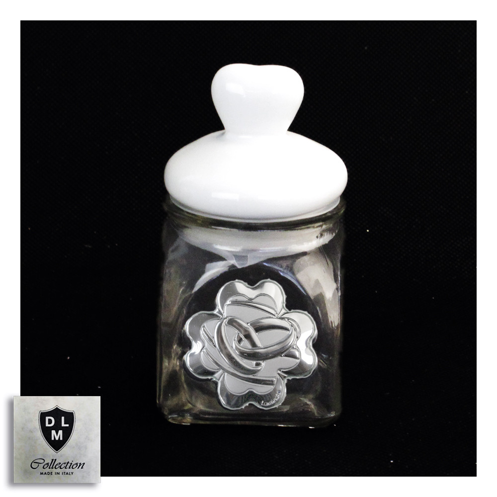 Barattolo in vetro Shabby Chic con Tappo Cuore in Ceramica Quadrifoglio Coppia Fedi Nuziali Matrimonio Nozze Portaconfetti
