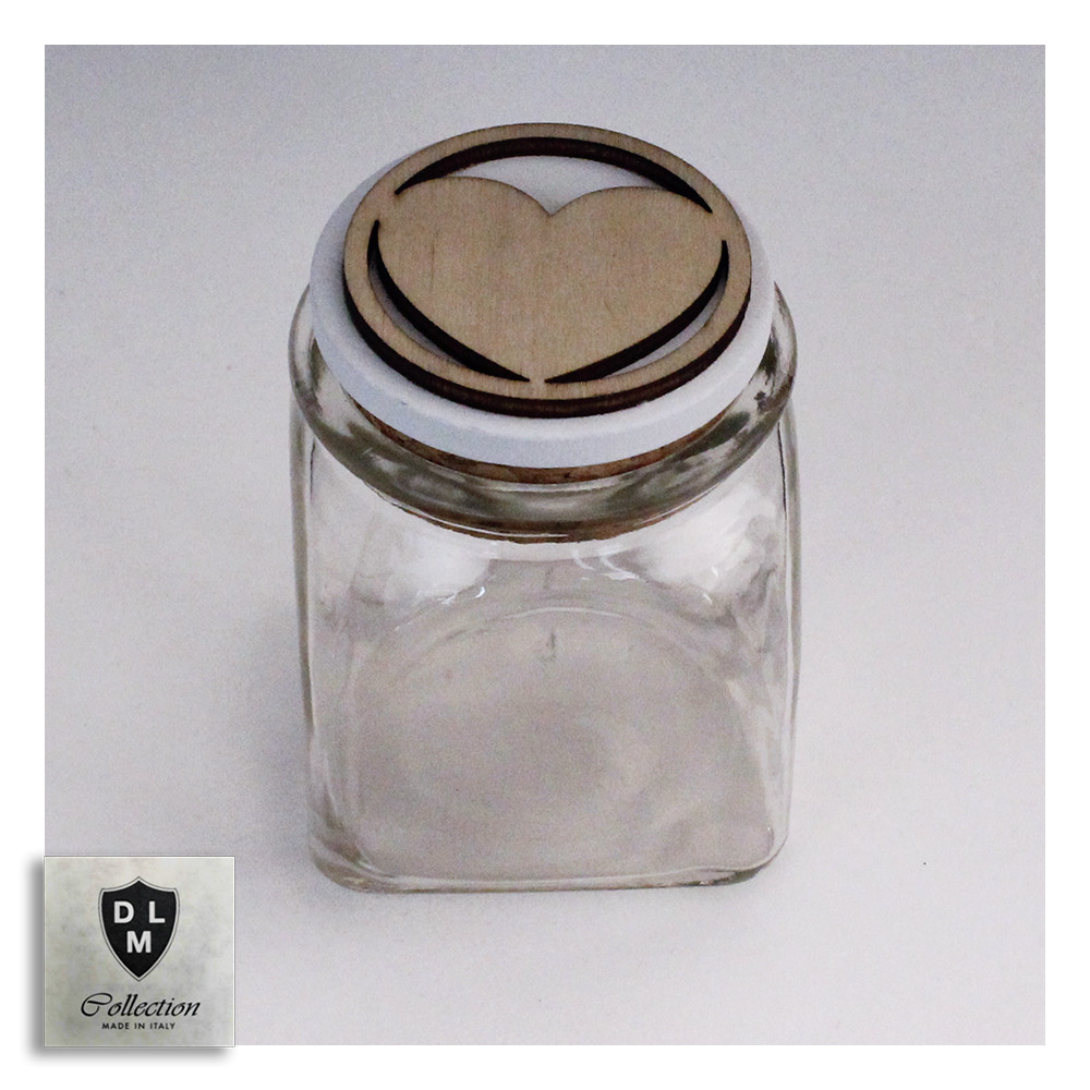 Barattolo in vetro Shabby Chic Tappo Cuore Matrimonio Battesimo Comunione Compleanno Portaconfetti