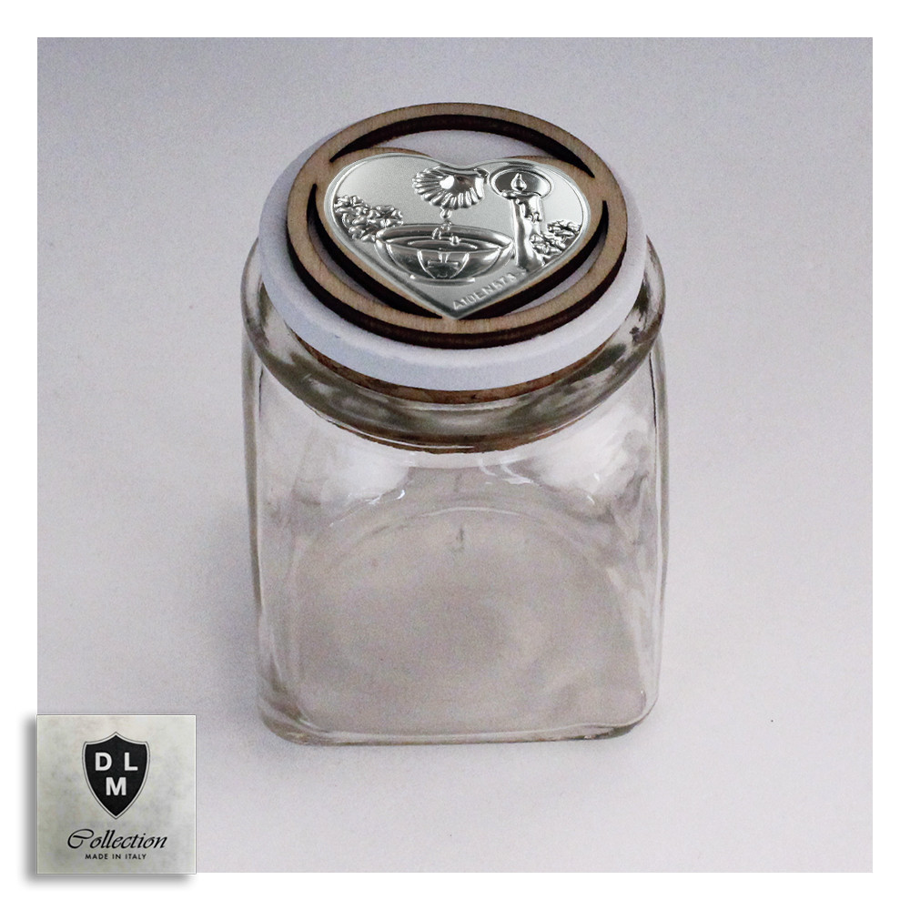 Barattolo in vetro Shabby Chic Tappo Cuore per Battesimo Portaconfetti