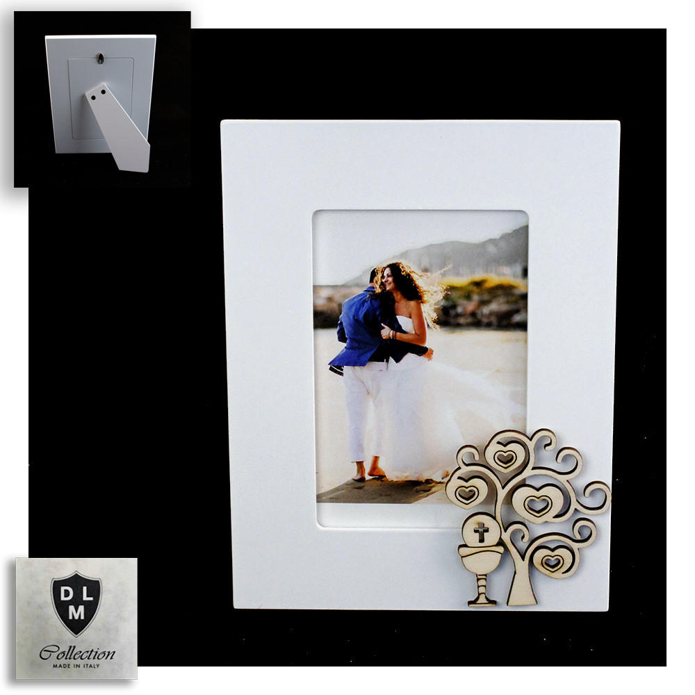 Bomboniera Portafoto Cornice con Albero della Vita e Calice della Prima Comunione in legno Shabby Chic Quadretto_27x22 cm