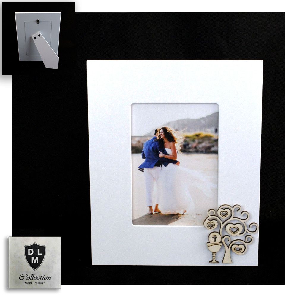 Bomboniera Portafoto Cornice con Albero della Vita e Calice della Prima Comunione in legno Shabby Chic Quadretto_22x17 cm
