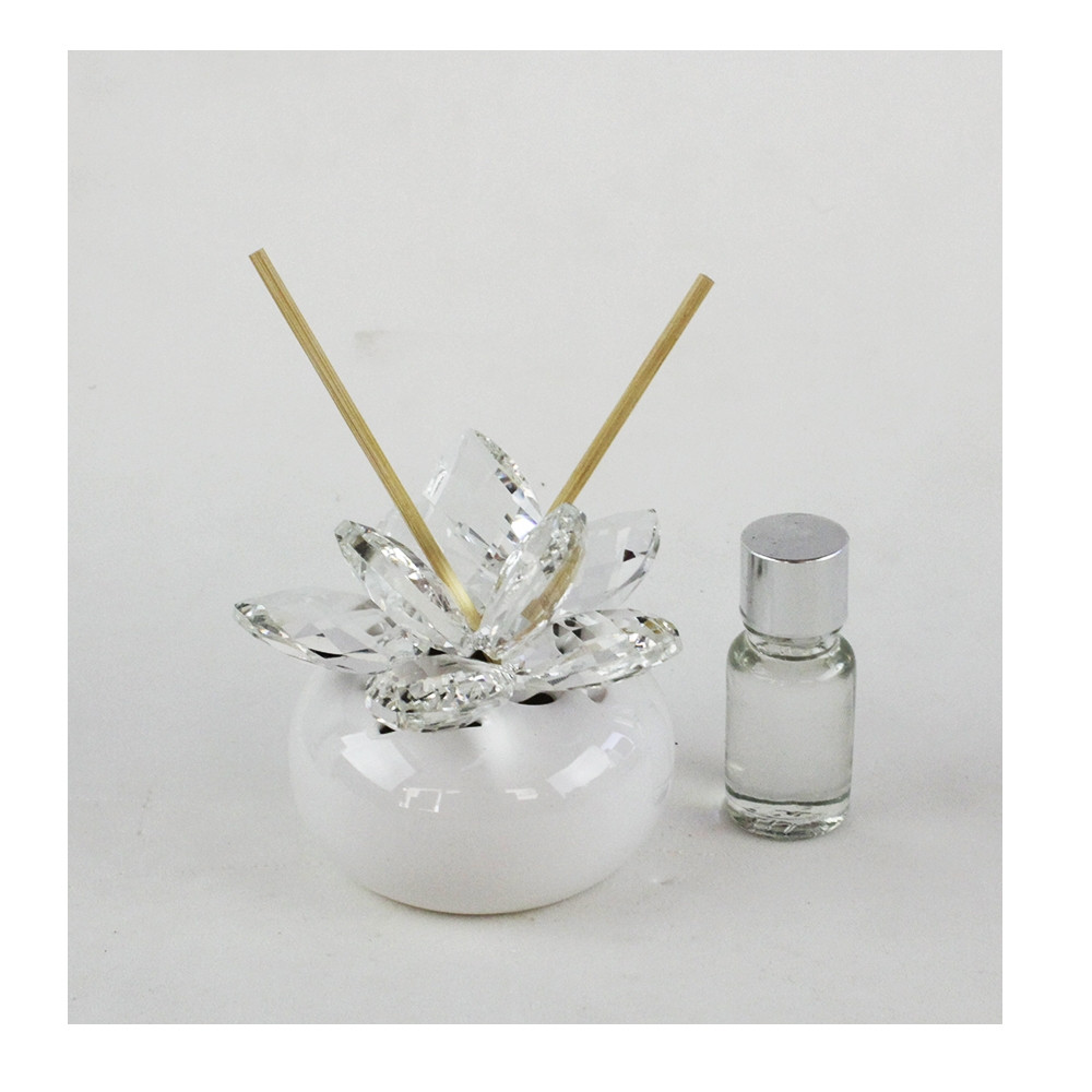Bomboniera Profumatore Bianco Tondo in ceramica con Fiore in Cristallo Diffusore per Ambienti