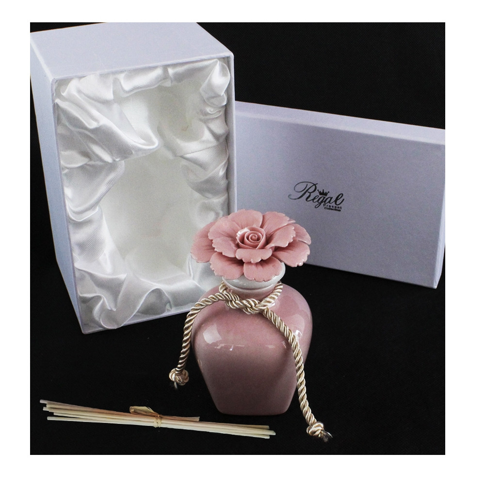 DLM - Bomboniera Profumatore Rosa in ceramica con Fiore Bianco Diffusore  per Ambienti