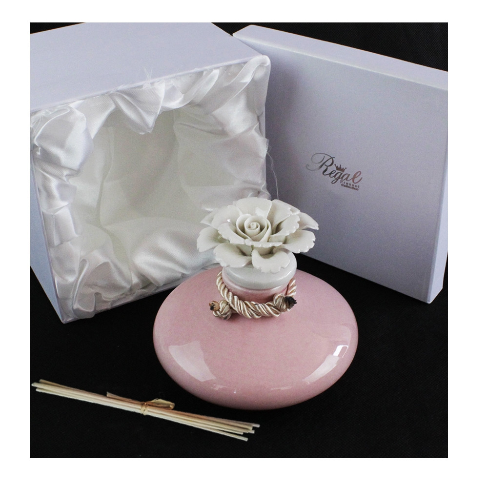 Bomboniera Profumatore Rosa Tondo in ceramica con Fiore Bianco Diffusore per Ambienti