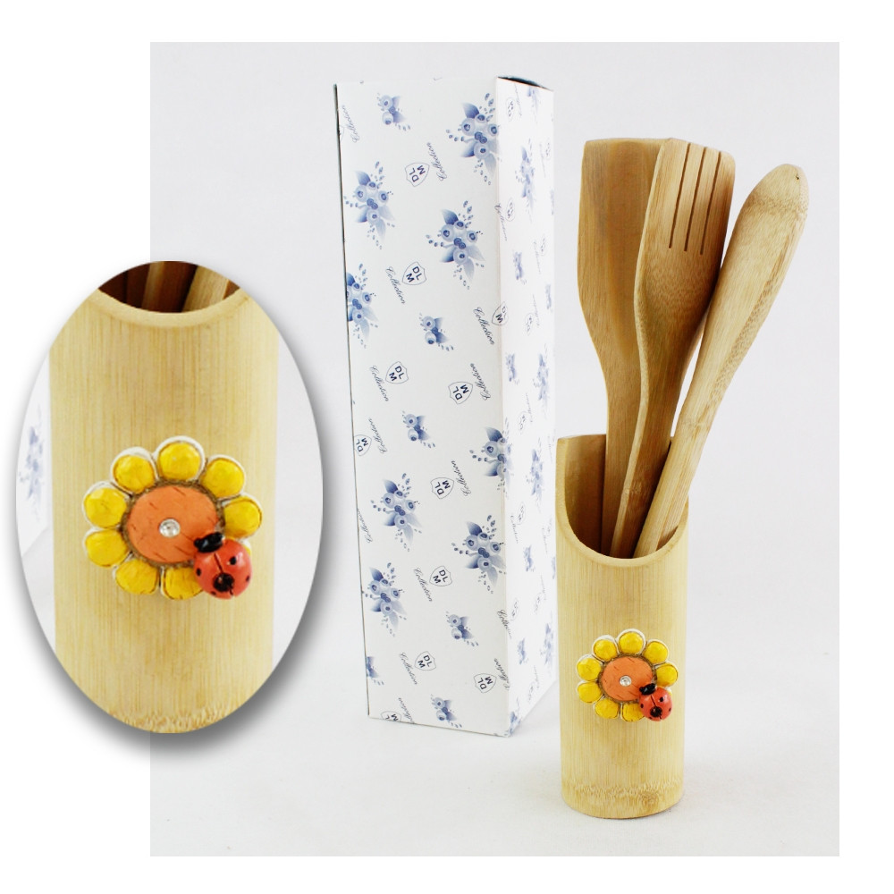Bomboniera Utile Porta Posate Mestoli in legno Margherita Girasole e Coccinella Cucina Shabby Chic