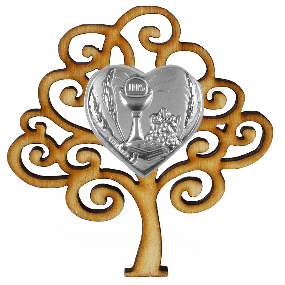 Calamita Magnete in Legno con Cuore Calice della Prima Comunione Segnaposto Confettata
