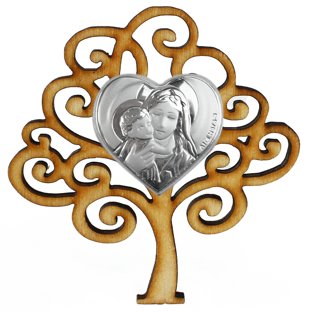 Calamita Magnete in Legno con Cuore Madonna e Bambino Gesù Segnaposto Confettata