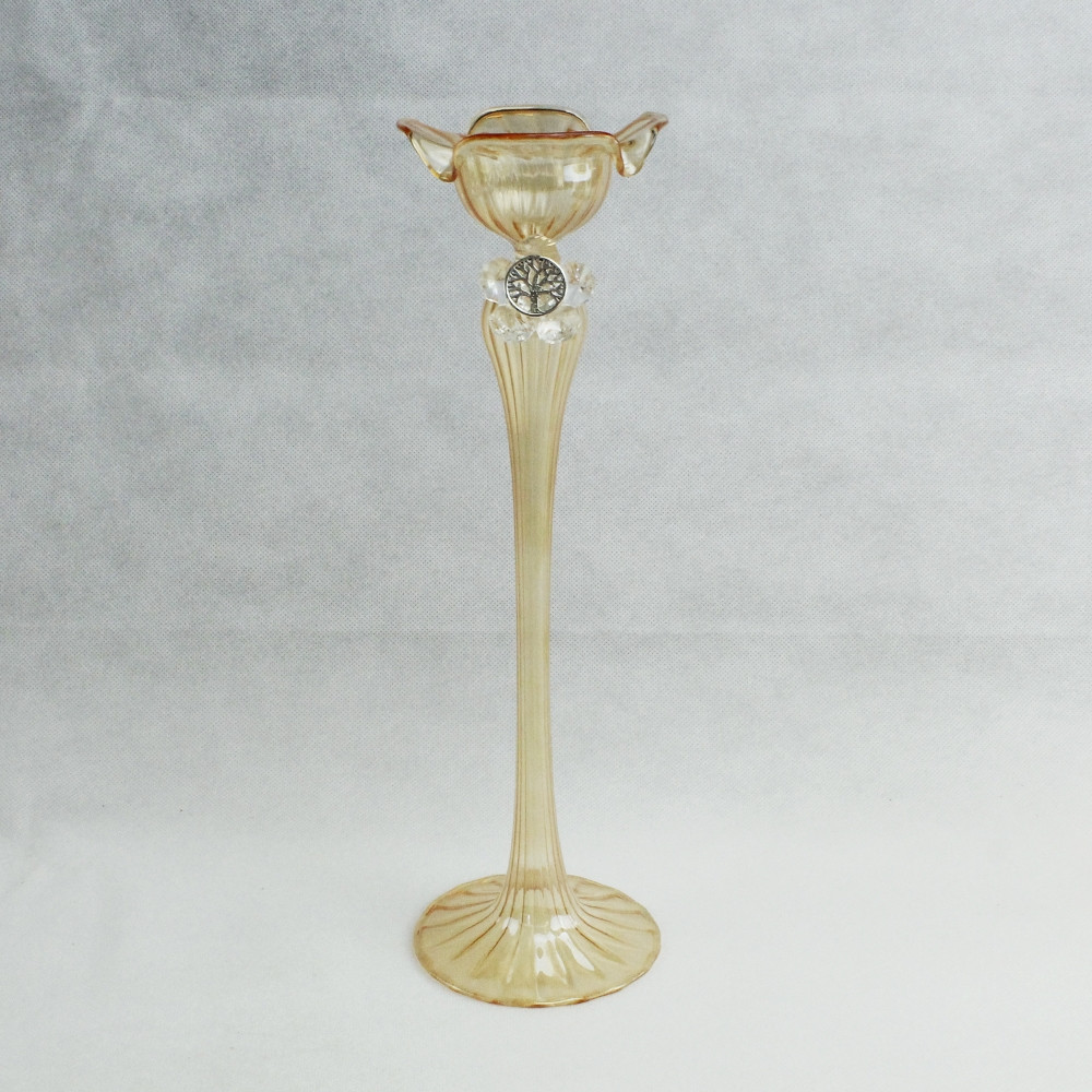 Candeliere in vetro soffiato con Fiore in Cristallo e Albero della Vita_29 cm