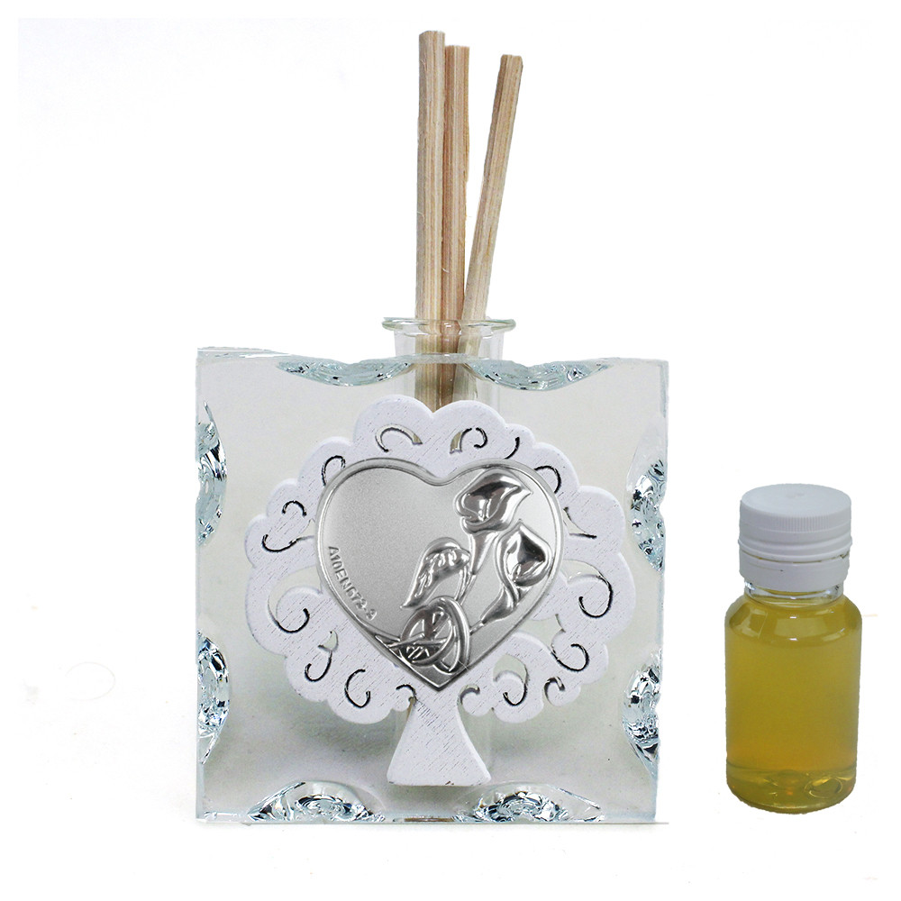 Diffusore Profumatore in Vetro Icona Cuore Coppia Fedi Nuziali Nozze Calle Matrimonio e Albero della Vita in Legno Bianco Profumo Nozze
