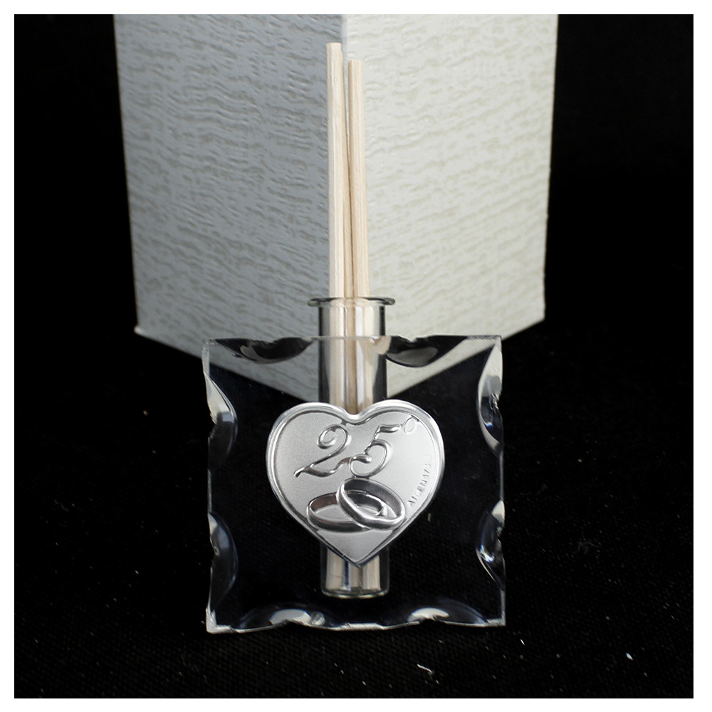 Diffusore Profumatore in Vetro Icona Cuore Coppia Fedi 25 Anniversario Nozze d'Argento Venticinquesimo Anniversario per Ambienti Profumo 