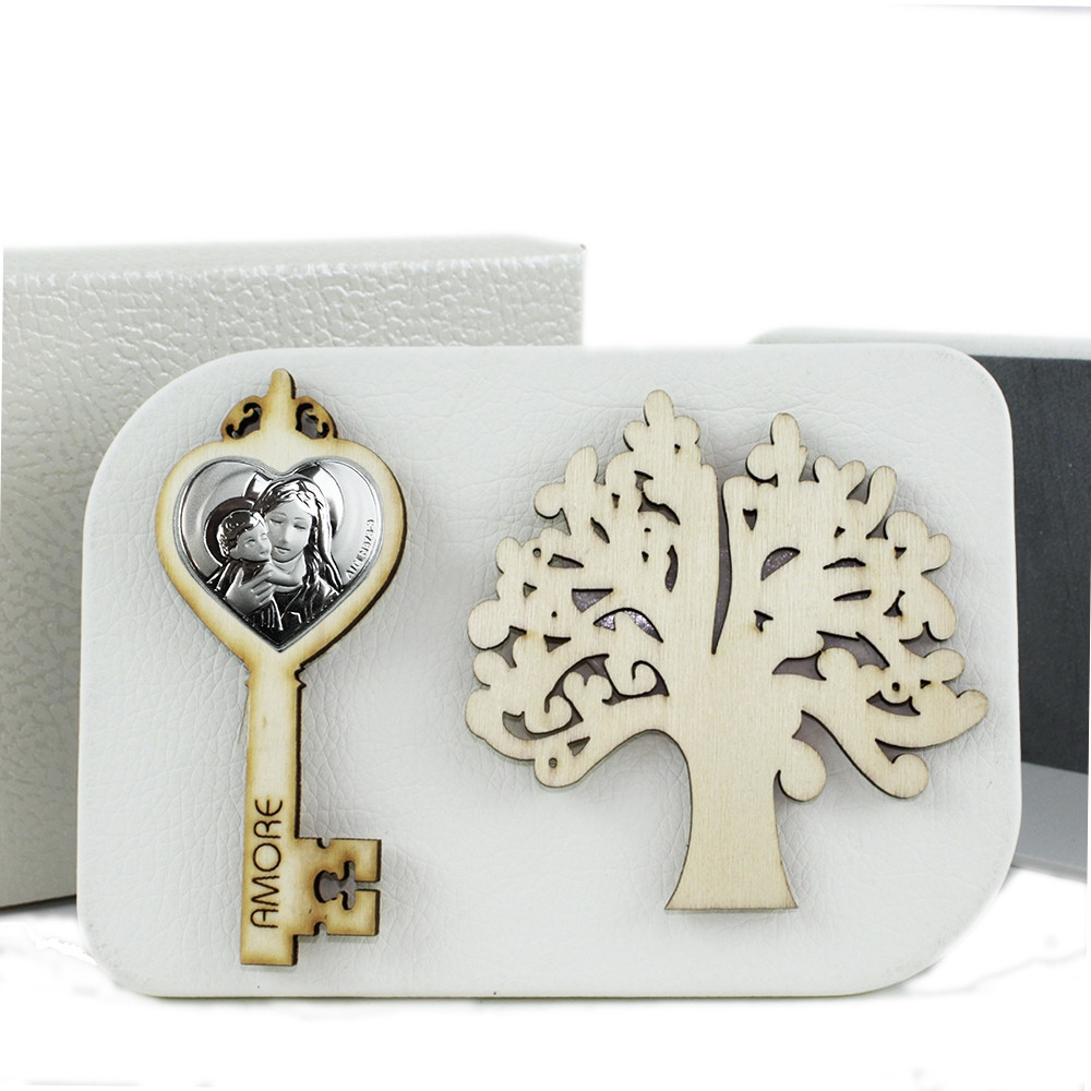Icona in Ecopelle Chiave Madonna con Bambino Albero della Vita Confettata Idea Regalo