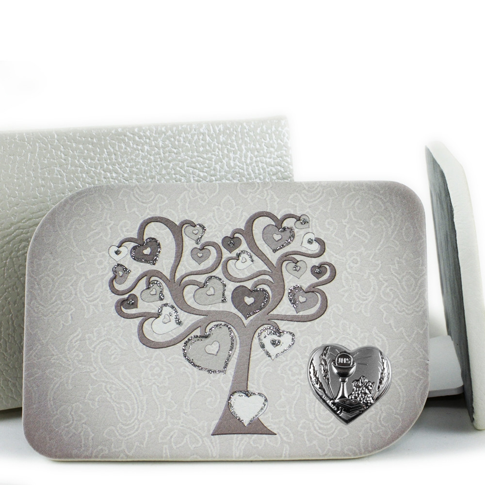 Icona in Ecopelle Comunione Albero della Vita Argento Cuore Confettata Idea Regalo