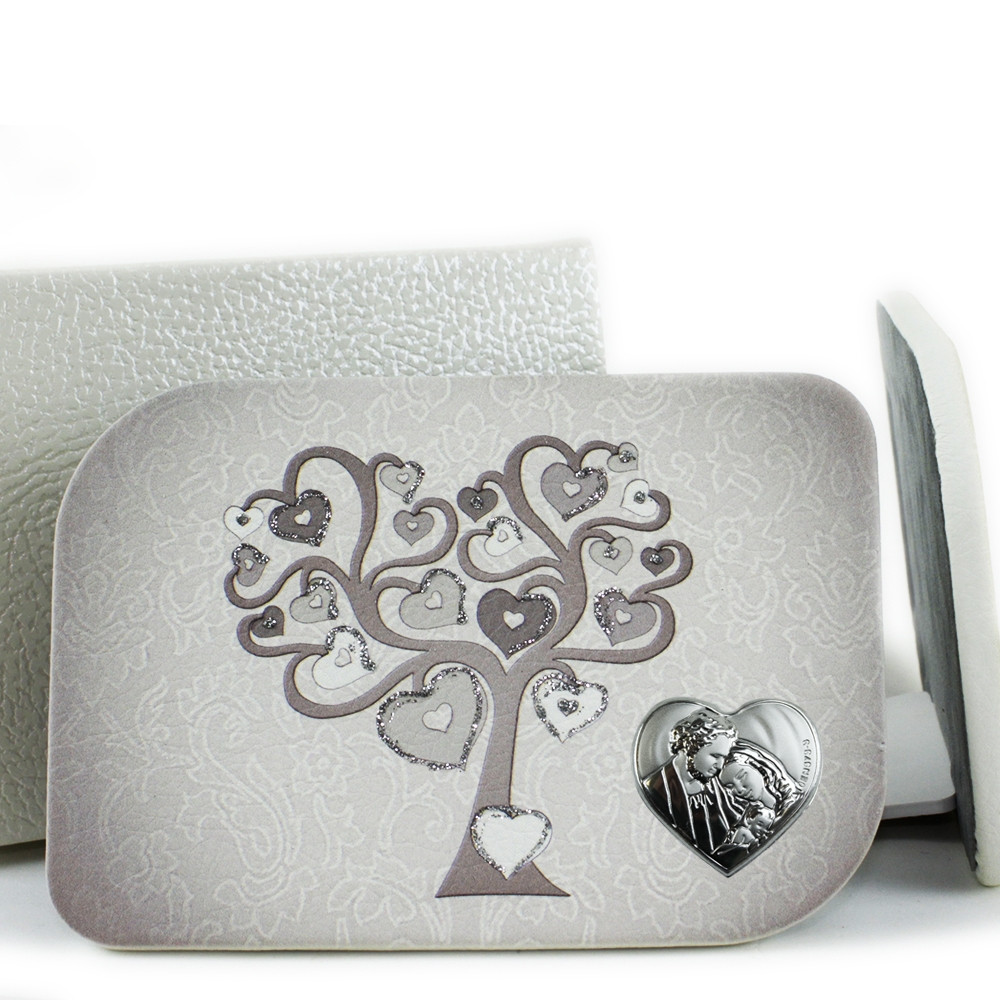 Icona in Ecopelle Cuore Sacra Famiglia Albero della Vita Argento Confettata Idea Regalo