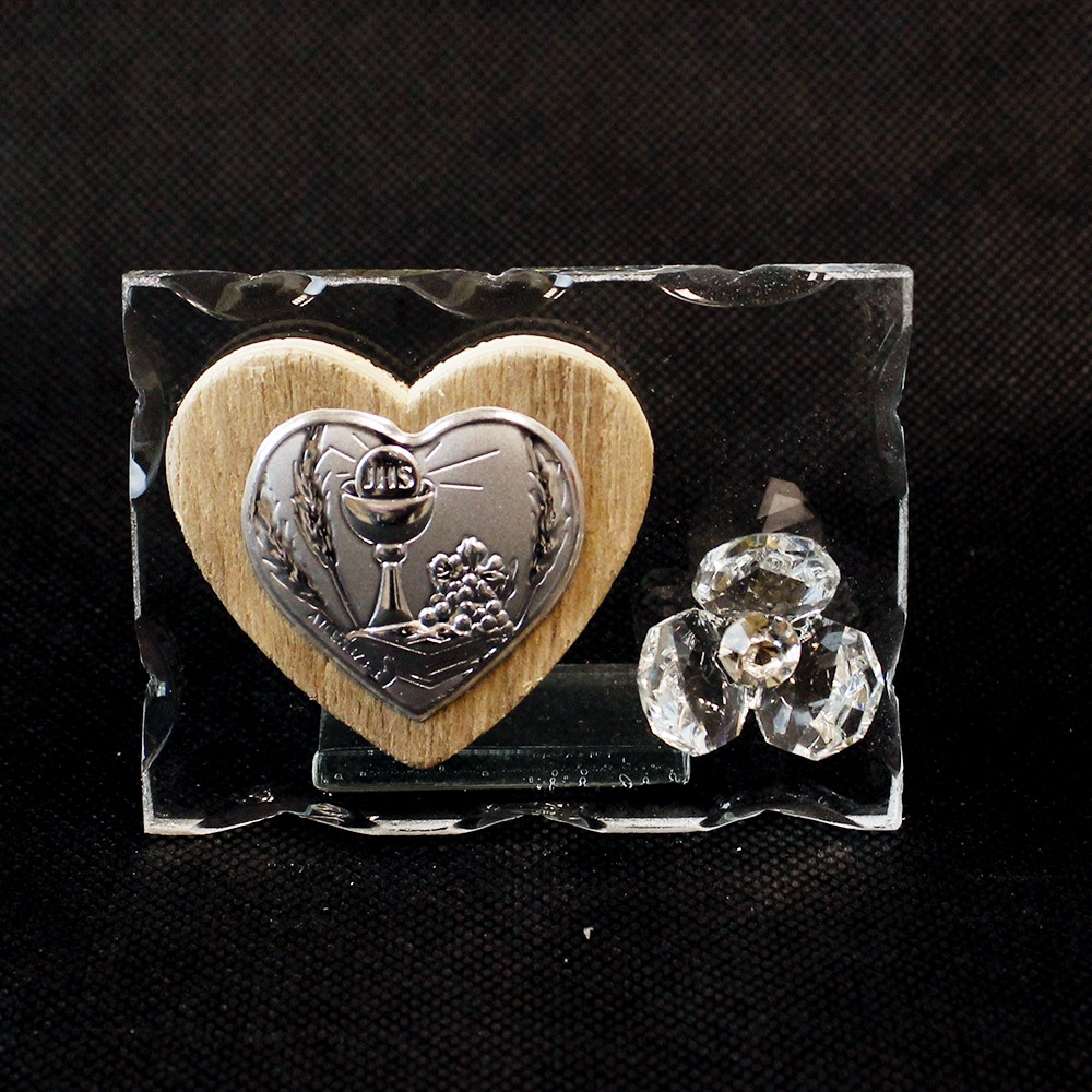 Icona in Vetro con Cuore in Legno e Fiore in Cristallo per Comunione