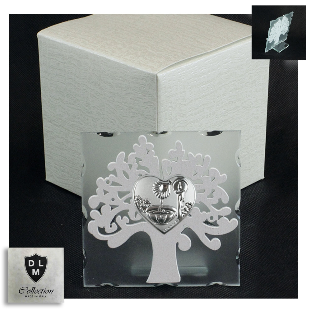 Icona in Vetro Cuore Calice per Battesimo e Albero della Vita in Legno Bianco