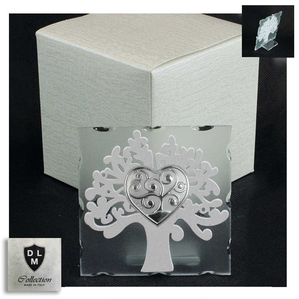 Icona in Vetro Cuore e Albero della Vita in Legno Bianco Matrimonio Battesimo Comunione