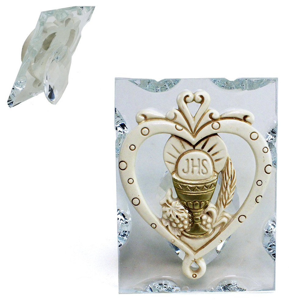 Icona in Vetro e Cristallo Quadretto con Cuore in resina intagliata Calice Prima Comunione Segnaposto Pensierino Confettata