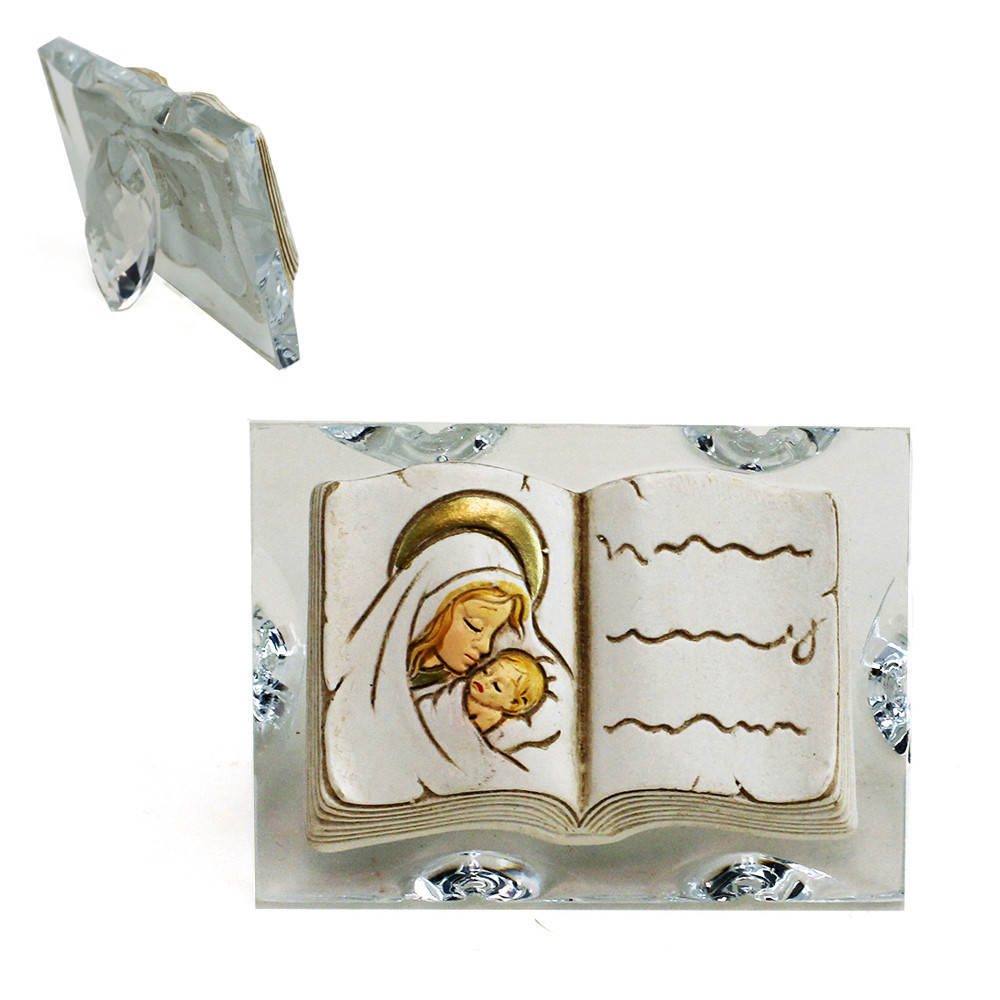 Icona in Vetro e Cristallo Quadretto con Libro in resina intagliata Sacra Famiglia Nozze Nascita Comunione Segnaposto Pensierino Confettata