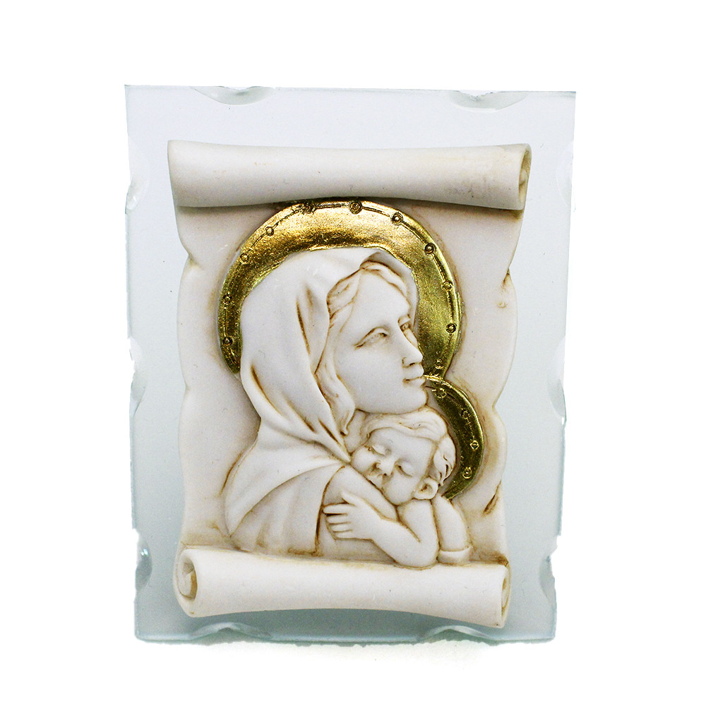 Icona Pergamena in vetro e resina con Madonna e Bambino Segnaposto Confettata 
