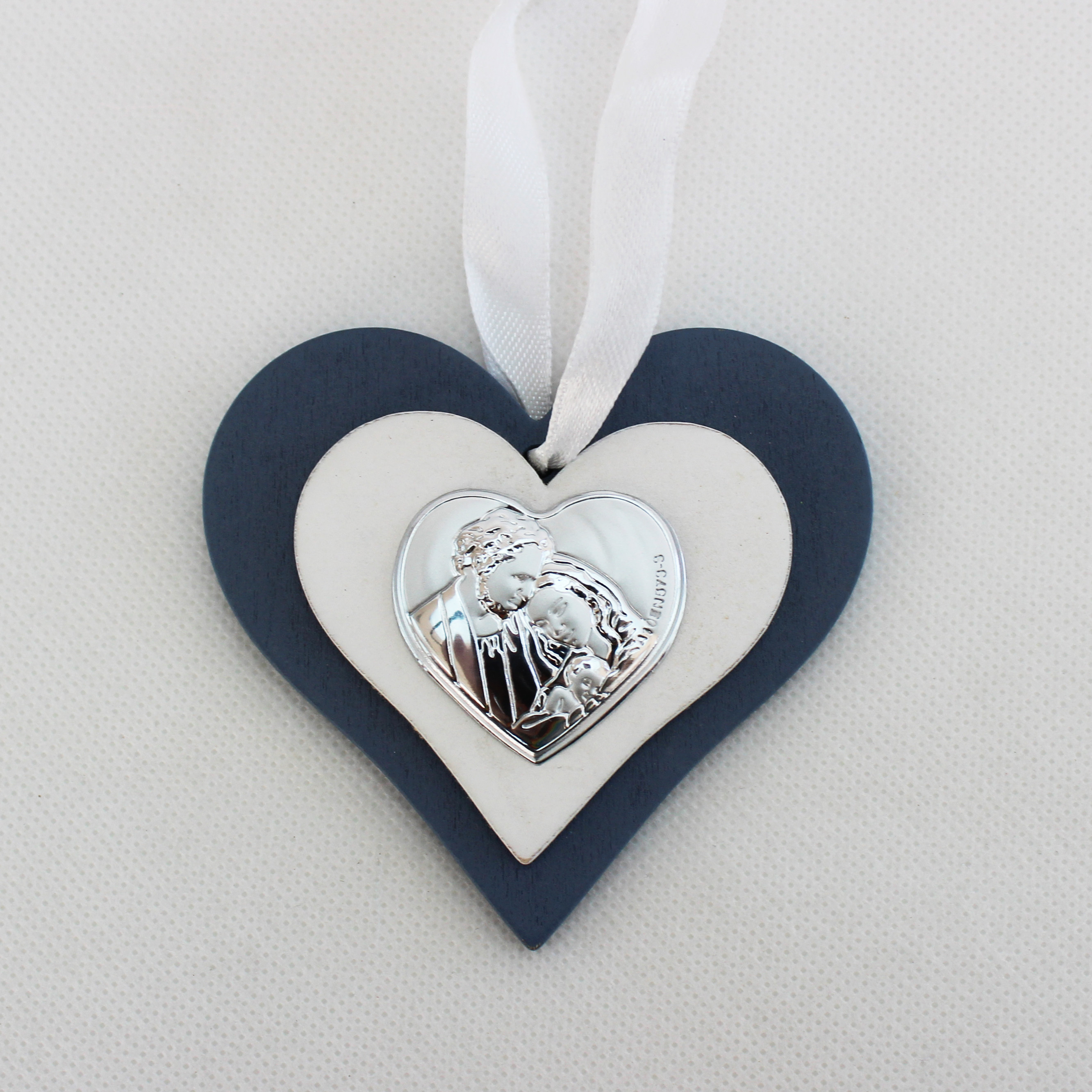 Icona cuore in legno con Sacra Famiglia con scatola  (kit 12 pezzi)