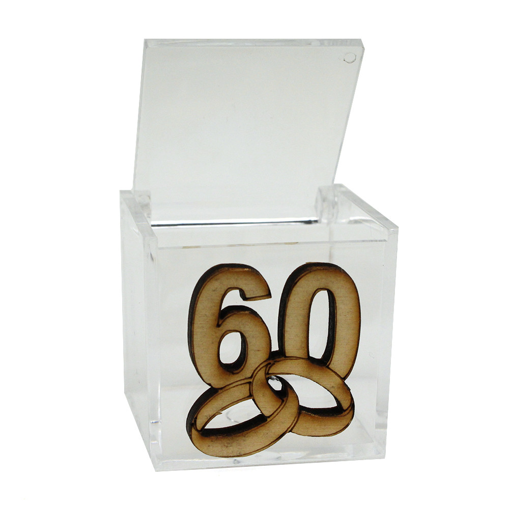 Kit 25 pezzi - Scatola portagioie in plastica Fedi 60 Anniversario Sessantesimo Matrimonio Nozze in Legno Porta Confetti Confettata