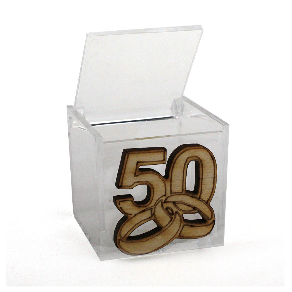 DLM - Kit 50 pezzi - Scatola portagioie in plastica Fedi 50 Anniversario  D'oro Cinquantesimo Matrimonio Nozze in Legno Porta Confetti Confettata