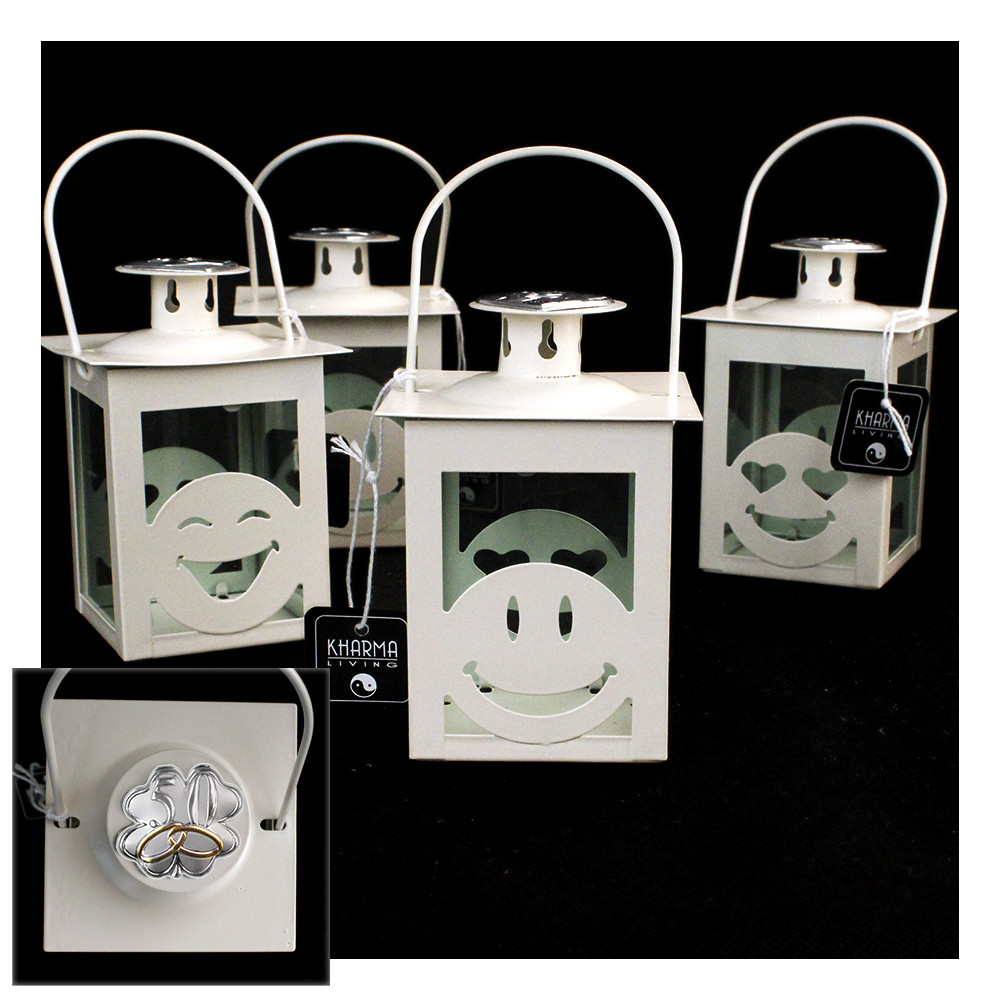 Lanterna Bianca Faccine Emoticon Smile con Quadrifoglio Coppia Fedi 50 Anniversario Nozze D'oro Cinquantesimo Kharma Living Shabby Chic