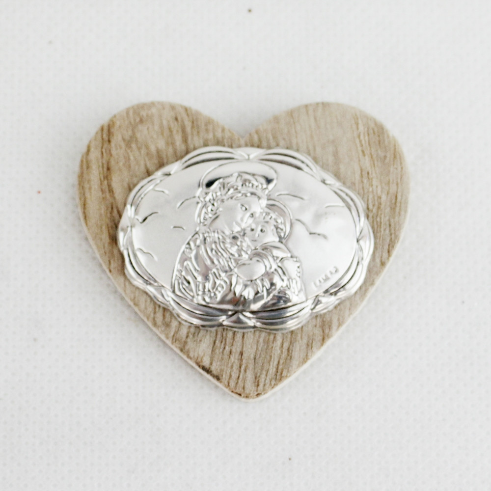 Magnete Calamita Cuore in Legno e Madonna con Bambino Confettata Comunione Nascita