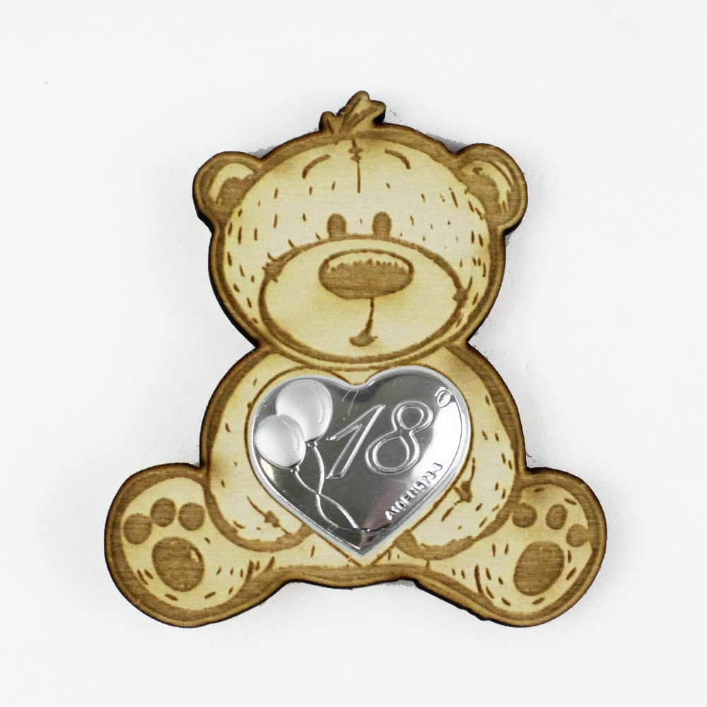 Magnete Calamita Orso Orsetto in Legno Cuore 18 Diciottesimo Compleanno Segnaposto Confettata 