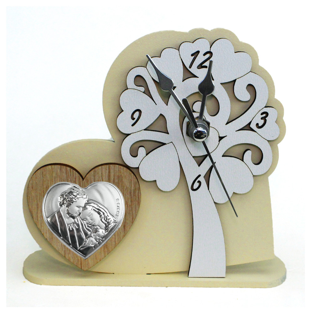 DLM - Orologio con Albero della Vita in rilievo legno Cuore Sacra Famiglia  da Scrivania