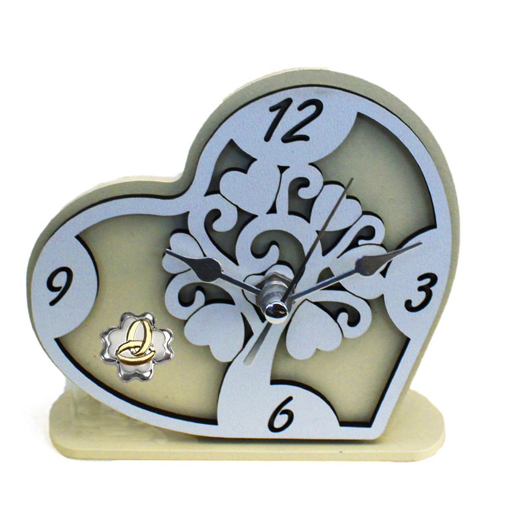 Orologio Cuore con con Albero della Vita in rilievo legno Quadrifoglio Anniversario Nozze Matrimonio Fedi da Scrivania