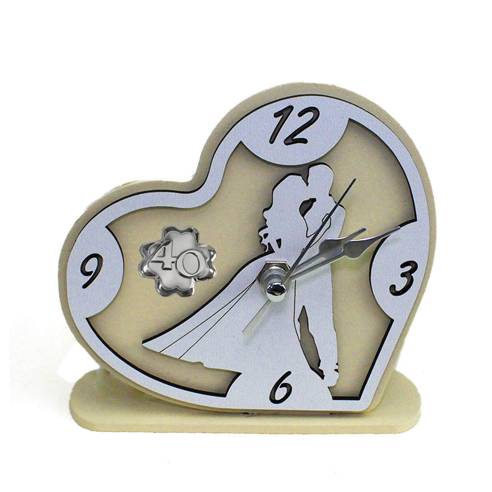 Orologio Cuore con Coppia Sposi in rilievo legno Quadrifoglio 40 Anniversario Nozze Quarantesimo Compleanno da Scrivania