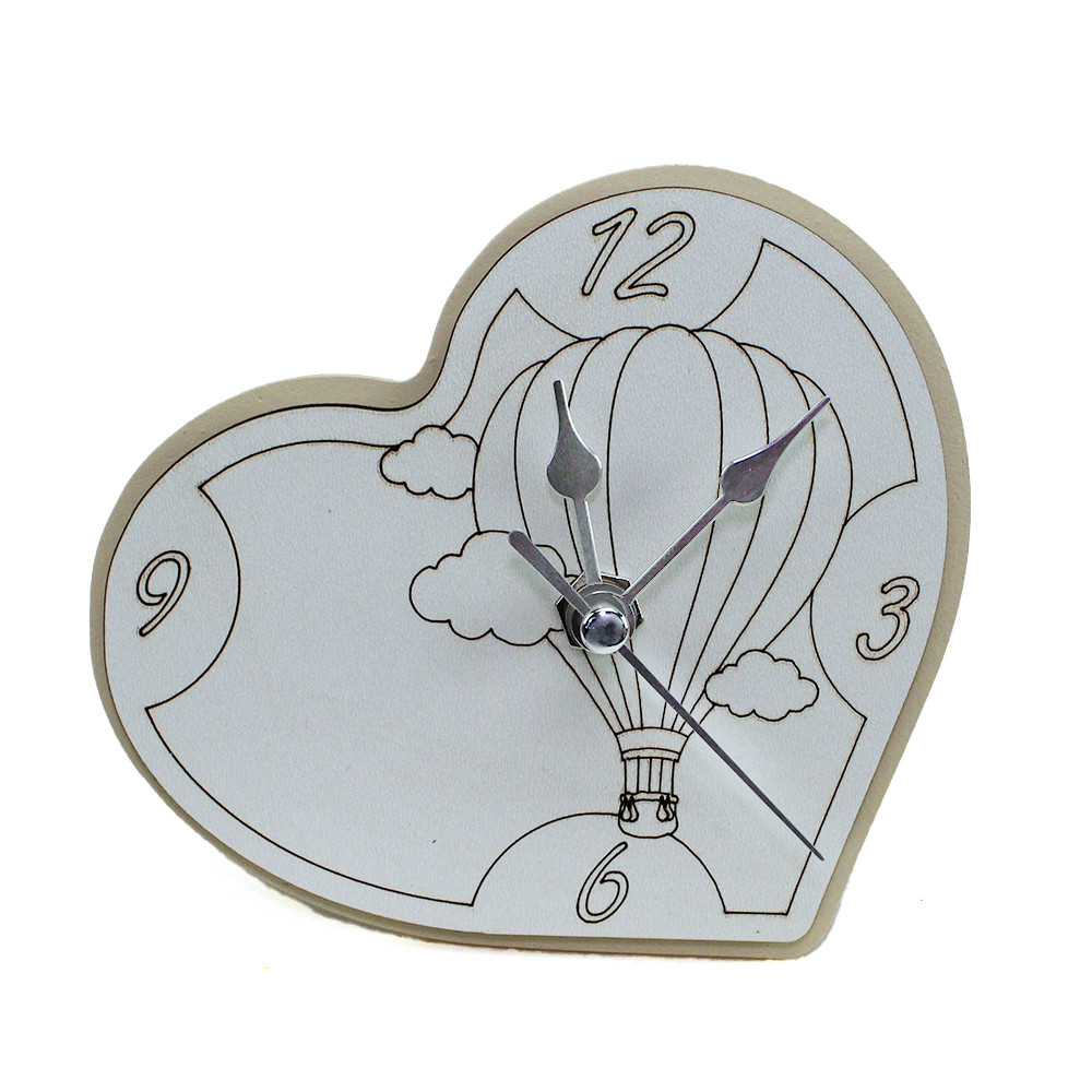 Orologio Cuore con Mongolfiera inciso in legno Nascita Battesimo Compleanno da Scrivania