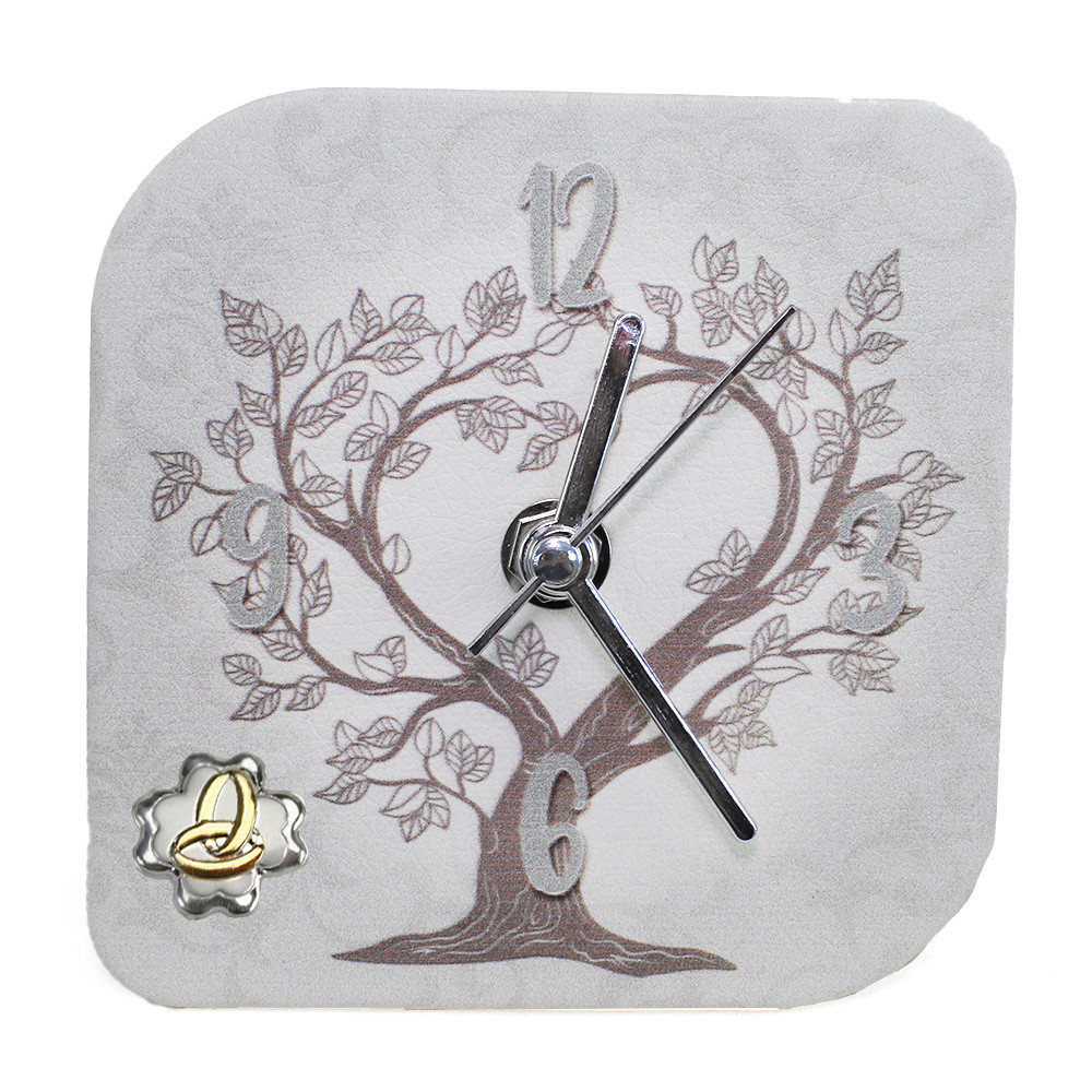 Orologio Quadretto con Albero della Vita in Ecopelle con Quadrifoglio Anniversario Nozze Matrimonio Fedi da Scrivania Muro