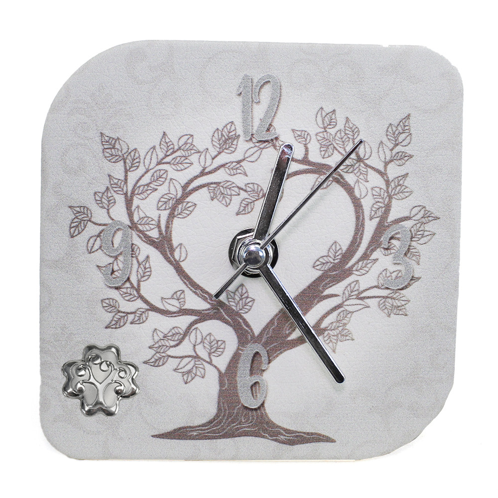 Orologio Quadretto con Albero della Vita in Ecopelle con Quadrifoglio da Scrivania Muro