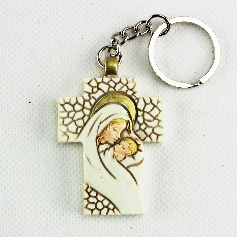 Portachiavi Ciondolo Crocifisso Madonna con Bambino in resina 