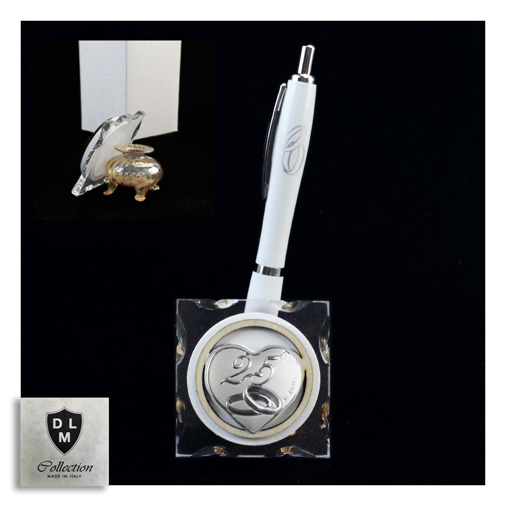 PortaPenne Calamaio in vetro soffiato con Penna Coppia Fedi con Icona Cuore 25 Anniversario Nozze D'oro Cinquantesimo