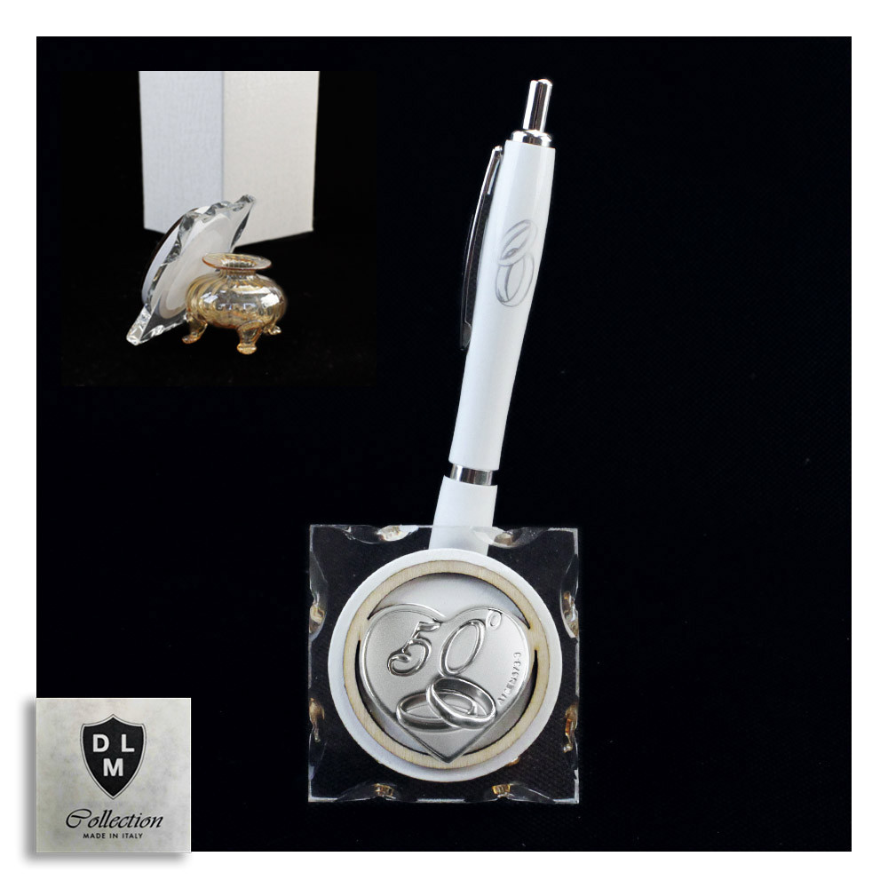 PortaPenne Calamaio in vetro soffiato con Penna Coppia Fedi con Icona Cuore 50 Anniversario Nozze D'oro Cinquantesimo