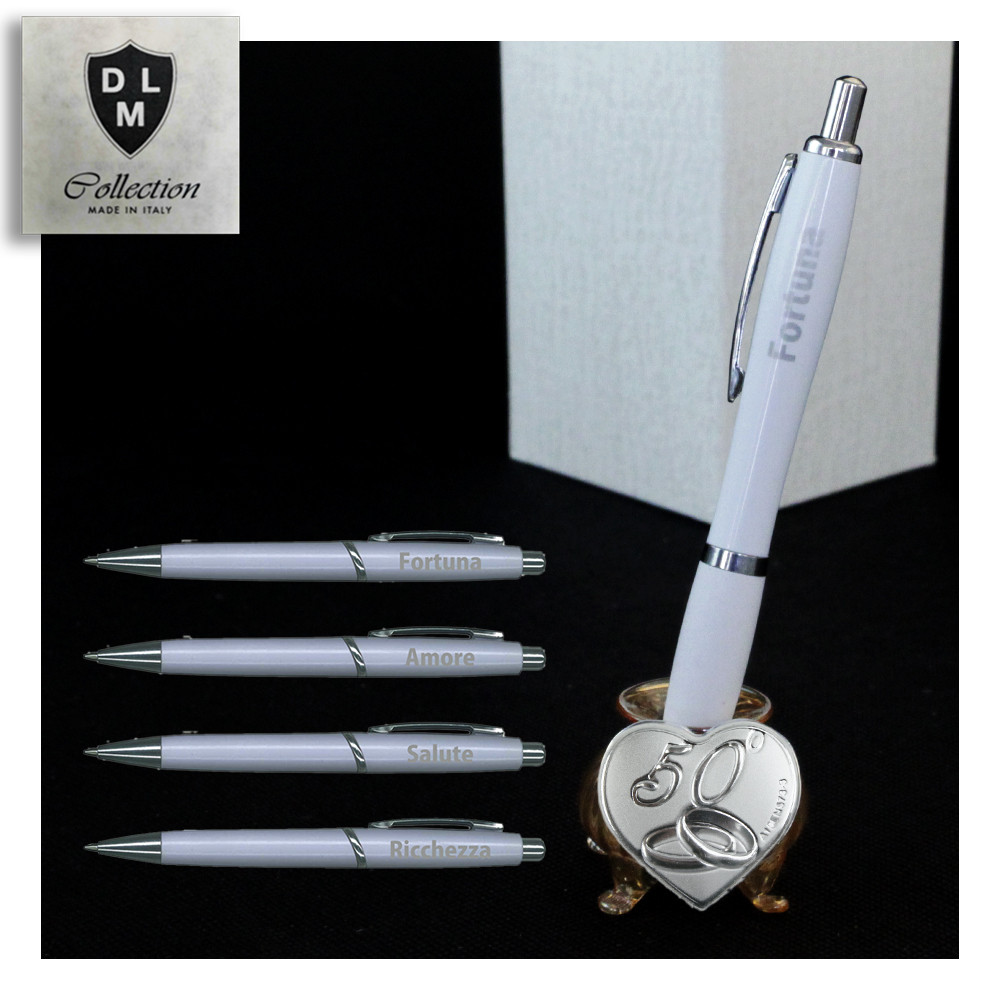 PortaPenne Calamaio in vetro soffiato con Penna e Cuore Coppia Fedi 50 Anniversario D'oro Cinquantesimo