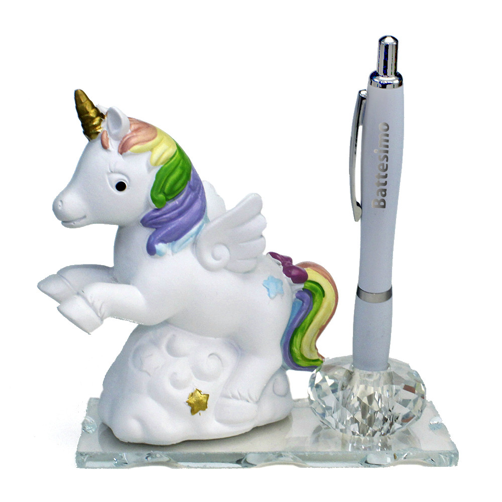 penna unicorno arcobaleno con pioggia di cuori bomboniera o idea regalo