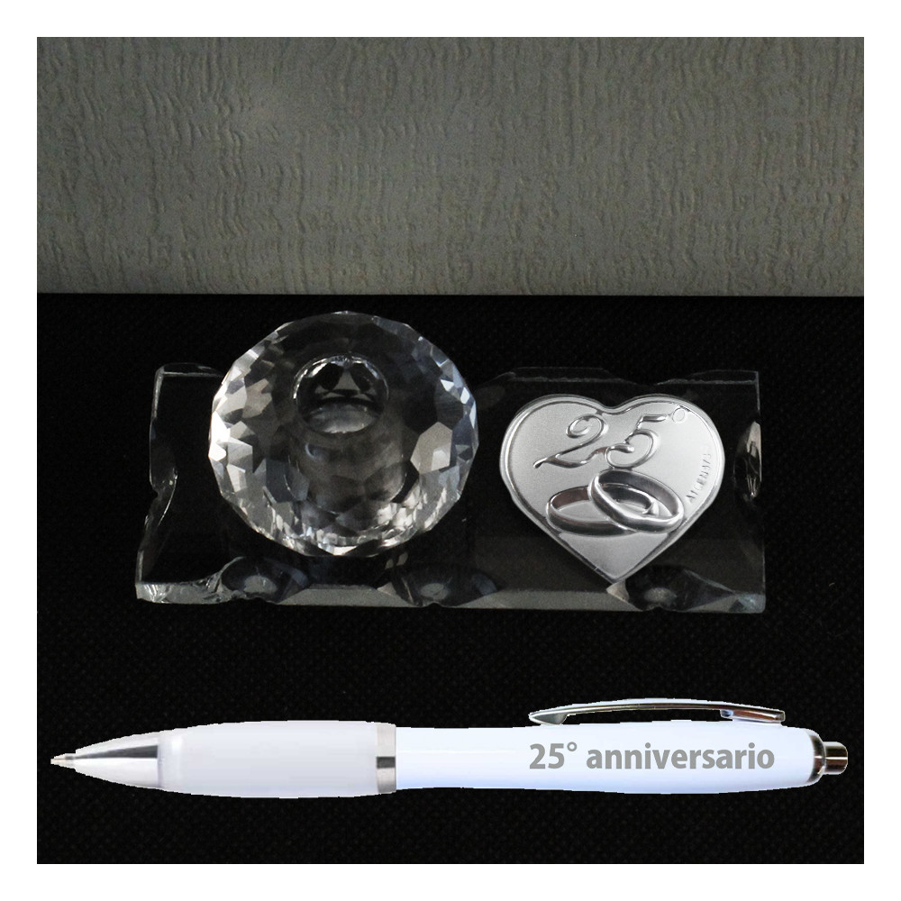 PortaPenne in Vetro e Cristallo con Penna e Icona Cuore Fedi Nuziali 25 Anniversario Nozze d'Argento Venticinquesimo Matrimonio