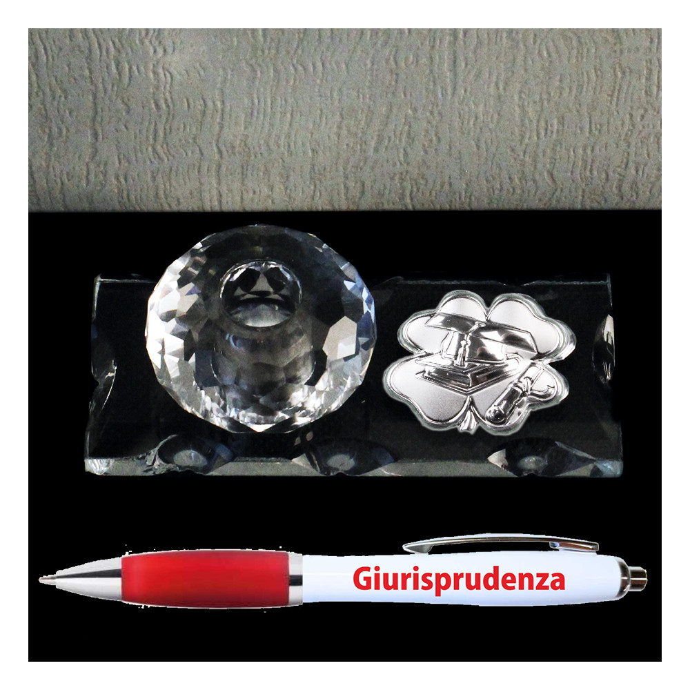 PortaPenne in Vetro e Cristallo con Penna e Icona Quadrifoglio Cappello Tocco Laurea in Giurisprudenza