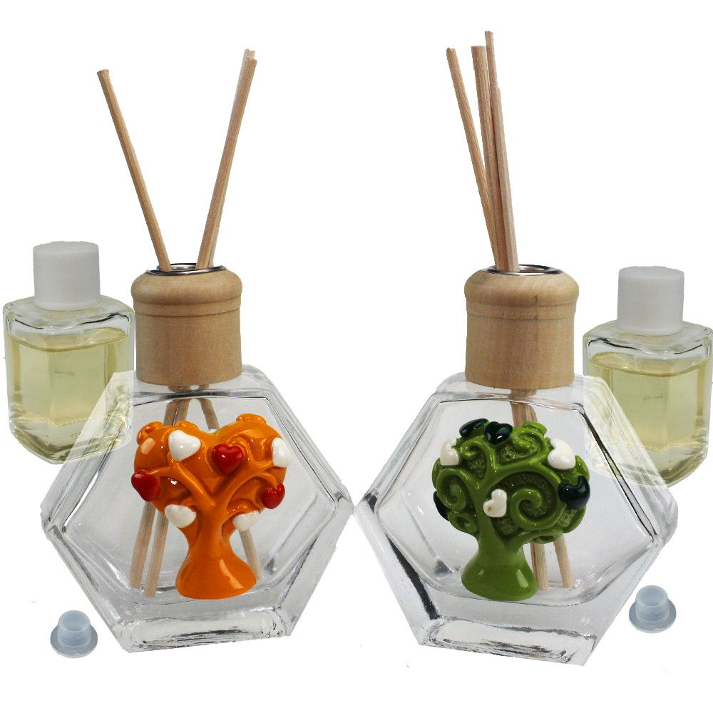 Profumatore Esagonale in Vetro con Albero della Vita Colorato Cuori Nozze Comunione Diffusore per Ambienti Profumo