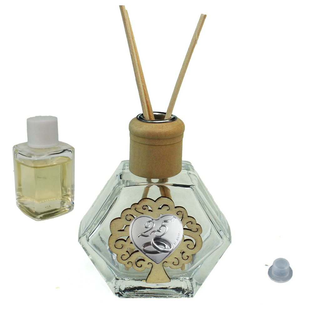 Profumatore Esagonale in Vetro con Albero della Vita e Cuore Coppia Fedi Nuziali 25 Anniversario Nozze d'Argento Venticinquesimo Matrimonio Diffusore per Ambienti Profumo