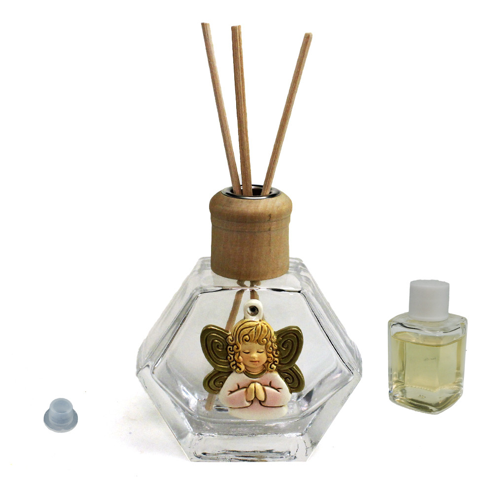 Profumatore Esagonale in Vetro con Angioletto Angelo Puttino Rosa Battesimo Comunione Nascita Diffusore per Ambienti Profumo