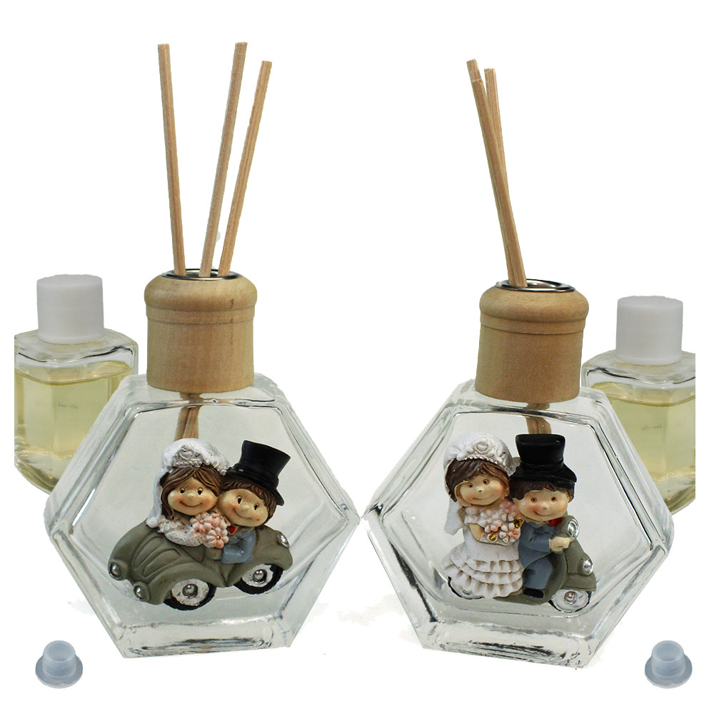 Profumatore Esagonale in Vetro con Coppia Sposi Sposini Nozze Moto Auto Nozze Matrimonio Diffusore per Ambienti Profumo