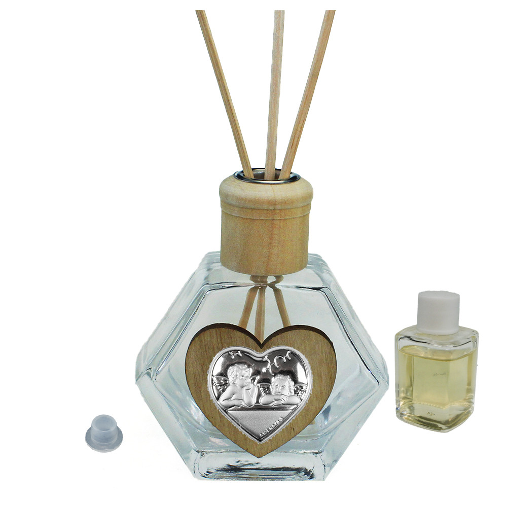 Profumatore Esagonale in Vetro con Cuore Angeli Angioletti Puttini Matrimonio Nozze Anniversario Diffusore per Ambienti Profumo
